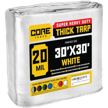 Core Tarps Heavy Duty Tarp, 30 ft x 0.5 mm H x 30 ft W, 20 Mil, White, Polyethylene CT-704-30X30